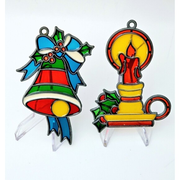 Stained Glass Vintage Suncatcher Christmas Ornament Lot 2 Candlestick & Bell VGC - Picture 1 of 8